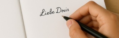 Buch mit Widmung, Darstellung einer Hand mit ersten Buchstaben im Buch.